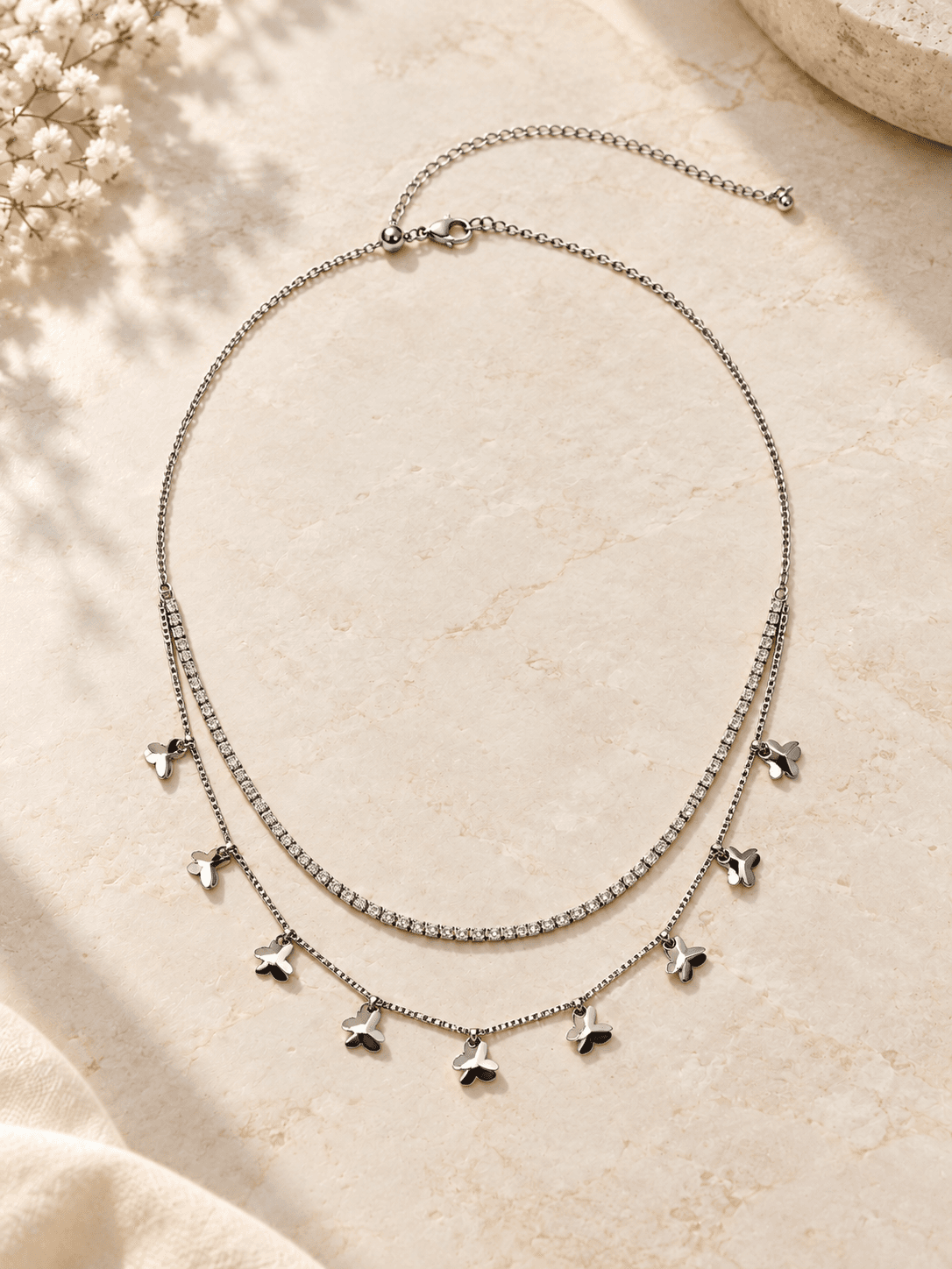 Silver Butterfly Tennis Layered Necklace — hero