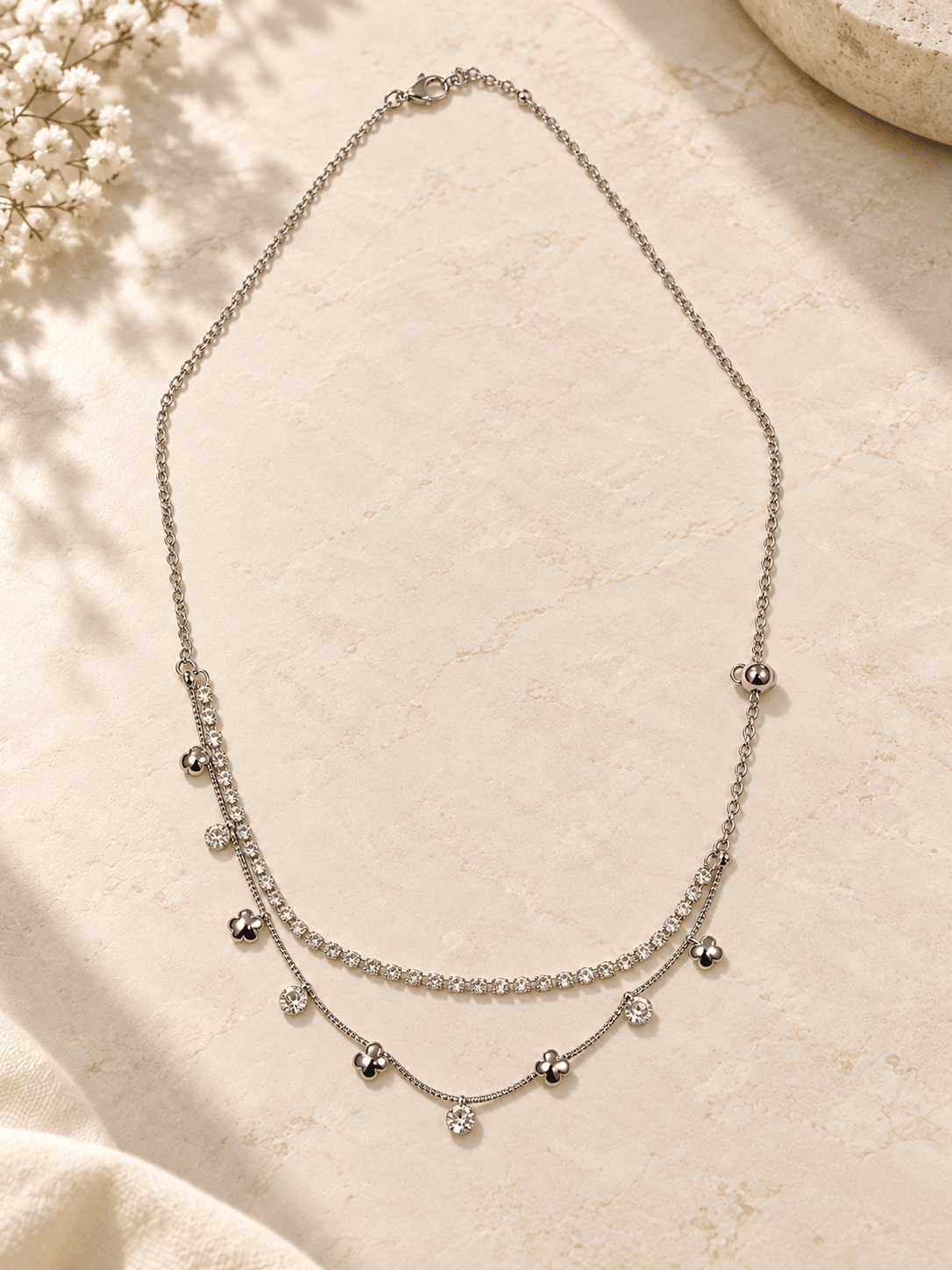 Silver Ball & Crystal Layered Necklace — hero