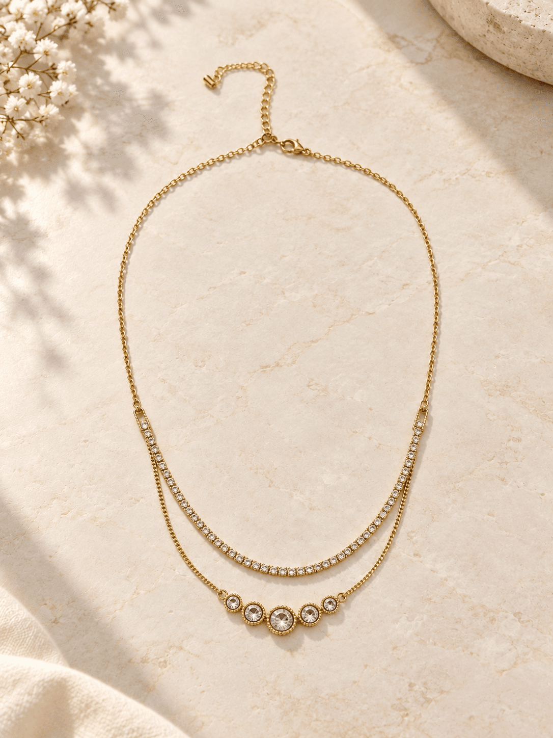 Gold Triple Bezel Tennis Layered Necklace — hero